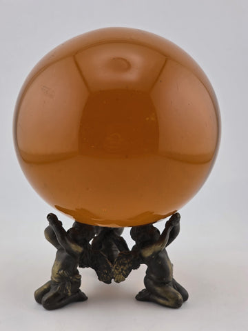 Vintage Amber Glass Crystal Ball Sphere w/ Brass Cherub Putti Base 4” Inch Dia.