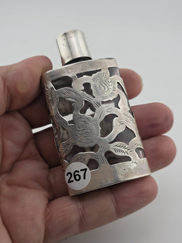 Antique Mexican Sterling Silver 925 Overlay Perfume Bottle Floral Cutwork Flask
