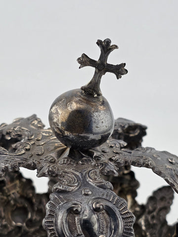Rare Antique Spanish Colonial Silver Santo Madonna Crown Rare Cross Orb 19th C