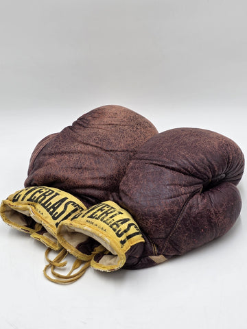 Antique 1950s Everlast 12oz Brown Leather Lace-Up Boxing Gloves Made in USA