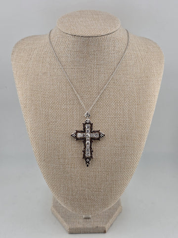 Vintage Sterling Silver 925 Cross Pendant Red Clear CZ Ornate Gothic Necklace