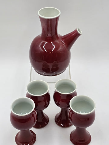 Vintage 1982 Studio Art Porcelain JS Cummings Red Pitcher & 4 Glasses Signed.