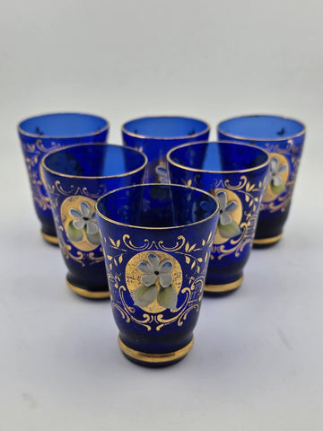 Antique Set Of 1900s Blue Glass Gold Flower Petal Leaf Decanter Mini Glasses.