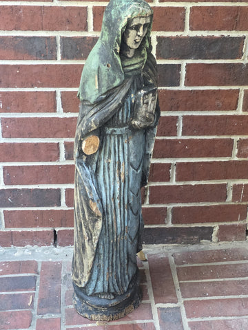 Antique 18th C XL Wooden Sculpture Of Virgin Marie Magdalene Hand Painted. 34 In