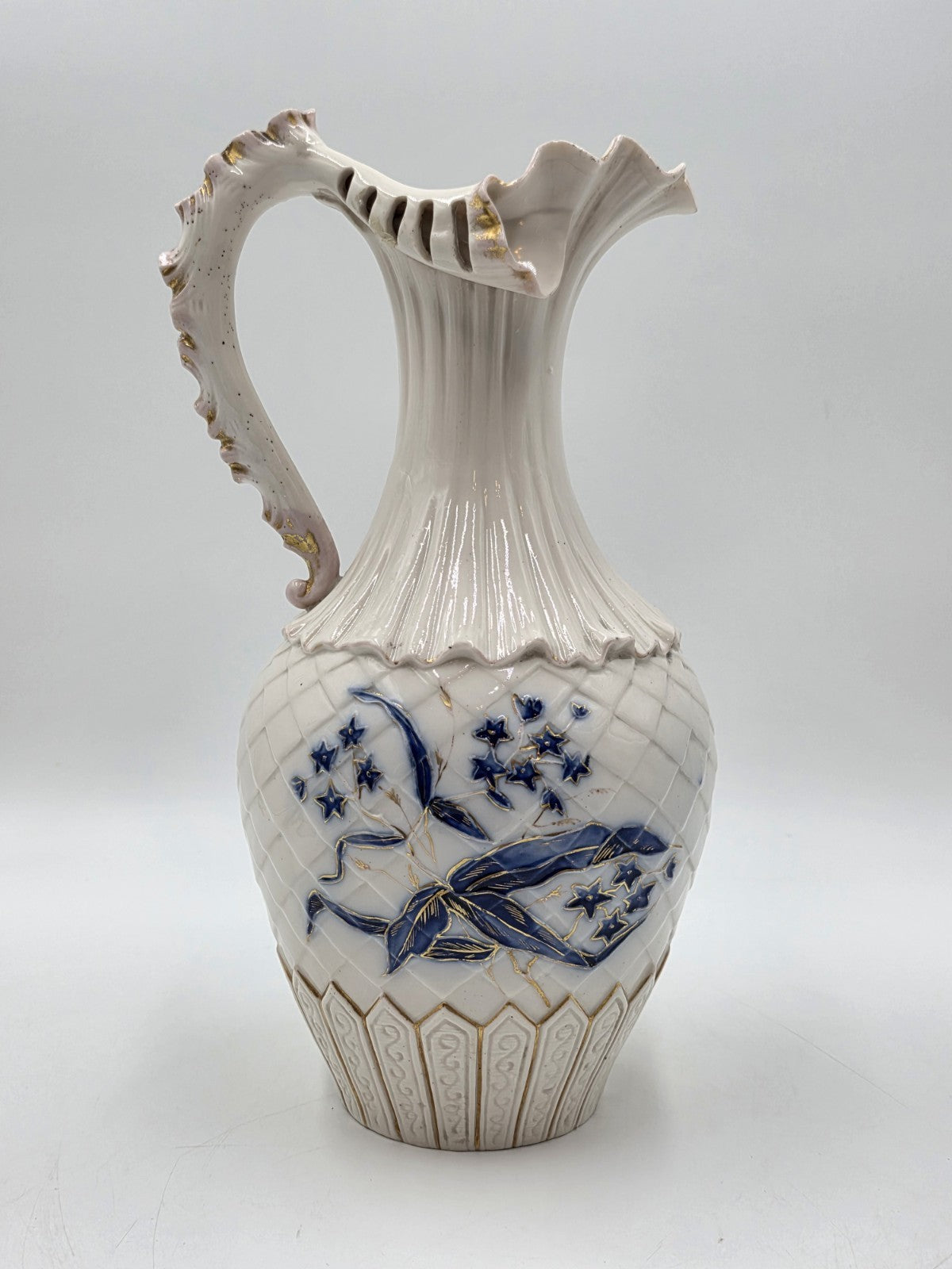 Antique 19th C Royal Worcester 1892 Porcelain Blue & Gold Floral Relief Pitcher