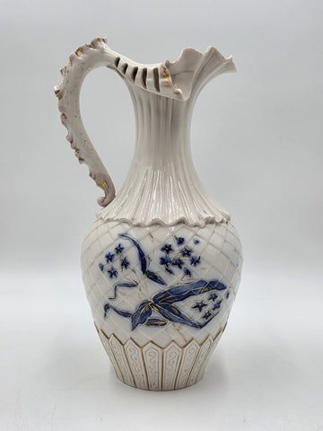 Antique 19th C Royal Worcester 1892 Porcelain Blue & Gold Floral Relief Pitcher