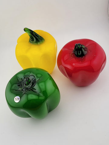 3 Vintage Glass Vegetable Peppers with Stem Murano Style Red Yellow Green