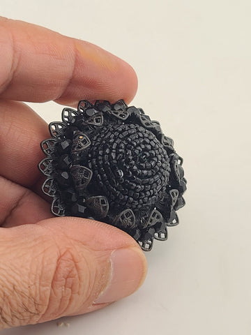 Vintage Ornate Filigree and Glass Bead Domed Miriam Haskell Mourning Brooch