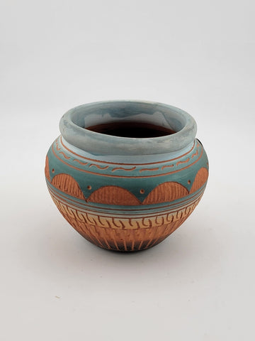 NAVAJO ENGRAVED RED CLAY POTTERY, GLAZED INSIDE VASE. *SIGNED T. TOM DINI "2000"