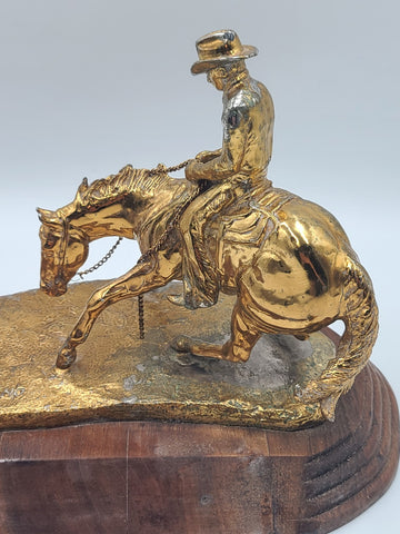 15 In Jim Reno Cutting Horse &Steer Rodeo Brass Trophy Sculpture Gold Color NCHA