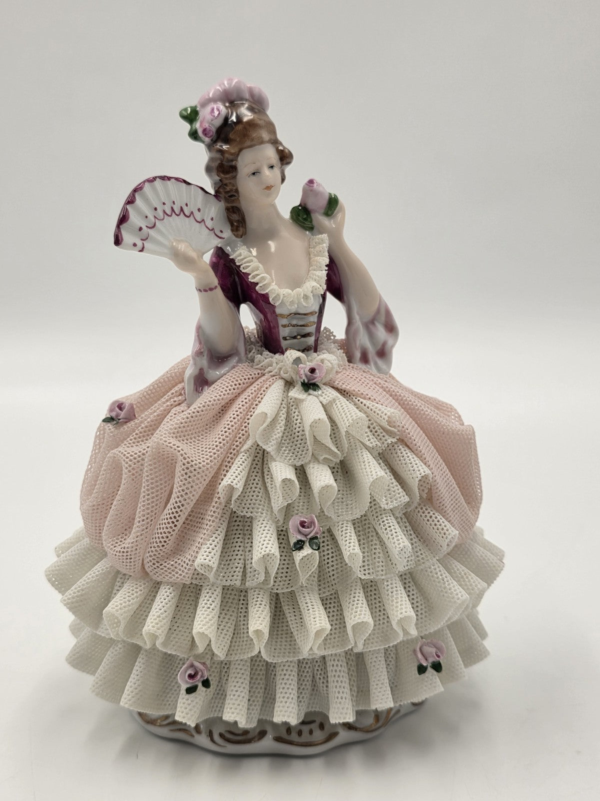 Vintage German Dresden Style Porcelain Lace Lady Figurine Fan Rose 7"