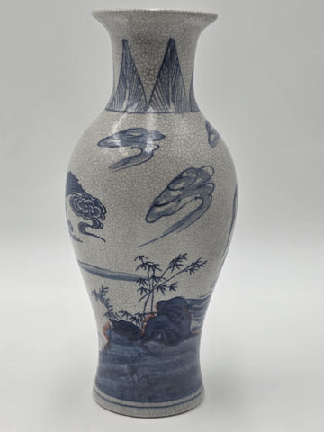 Antique Chinese Blue &White Crackle Glaze Porcelain Vase Immortals Qianlong Mark