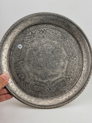Antique 19C Silver Plate Derby Silver Repousse Plate Dutch Scenes W Engraved Cup