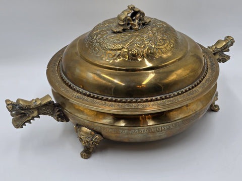 Antique Chinese Brass Dragon Handle Lidded Tureen Qing Hot Pot with Foo Dog Lid