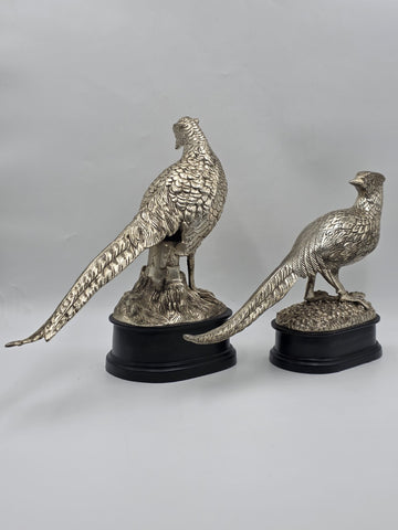 Vintage Pair XL Castilian Brass Pheasant Sculptures Cock Hen on Base 14 inch.