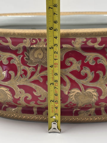 Antique XL Chinese handpainted Red porcelain 24kt gold Oval Footbath, Jardiniere