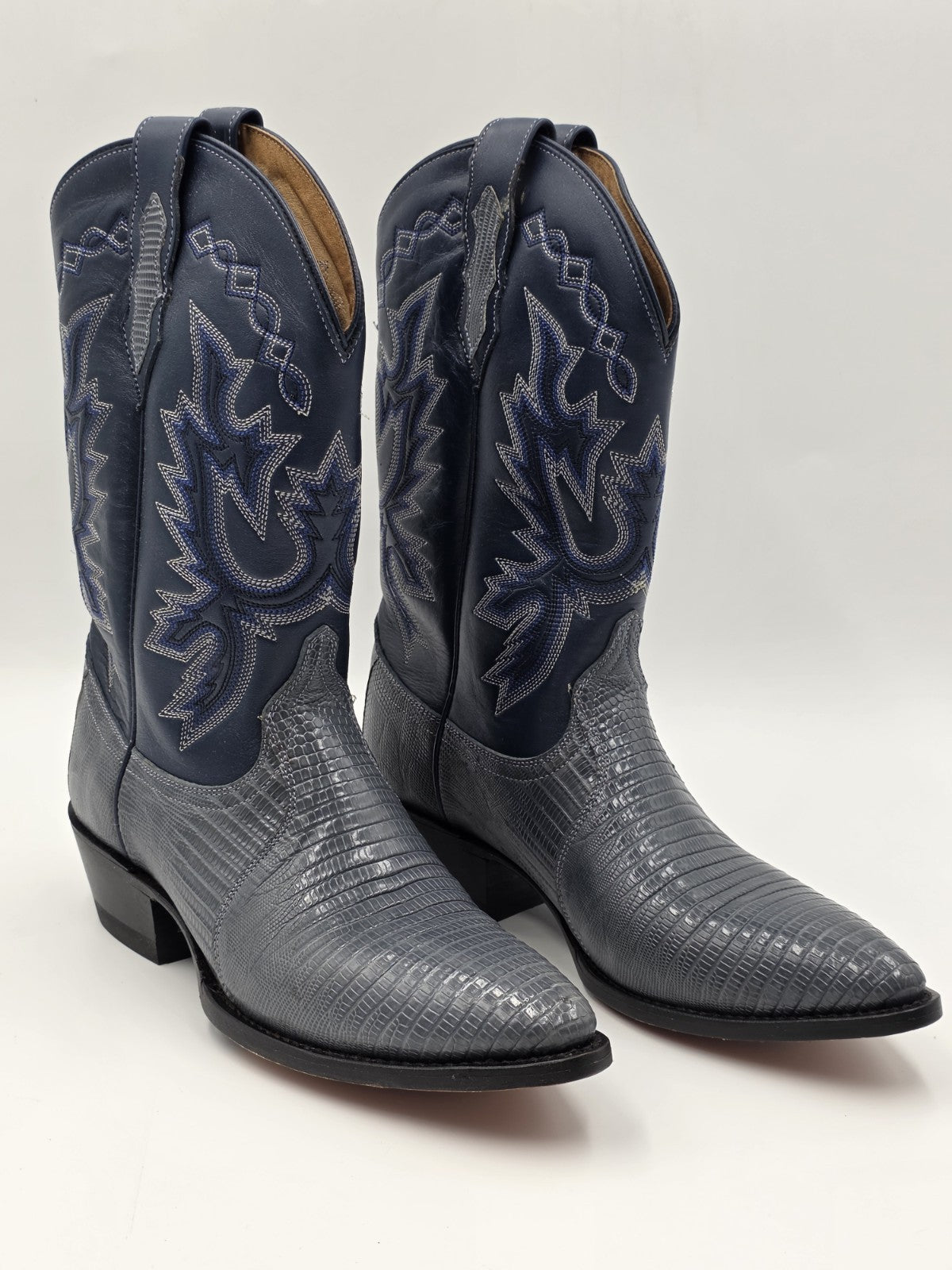 Vtg Dan Post Genuine Lizard Cowboy Boots Mens 9M Blue Denim Gray Exotic Western