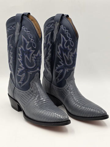 Vtg Dan Post Genuine Lizard Cowboy Boots Mens 9M Blue Denim Gray Exotic Western
