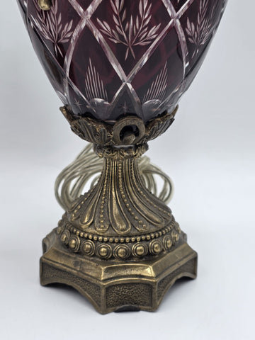 Pair Bohemian Ruby Red Crystal Lamp, Cut-to-Clear Czech Glass, Hollywood Regency