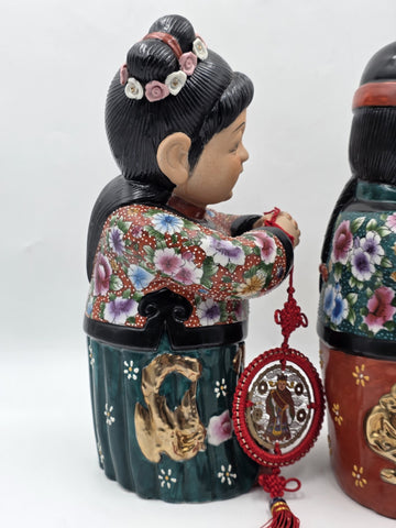 XL 15 inch Vintage Chinese Boy & Girl Prosperity Figurines Pair Good Luck Wealth