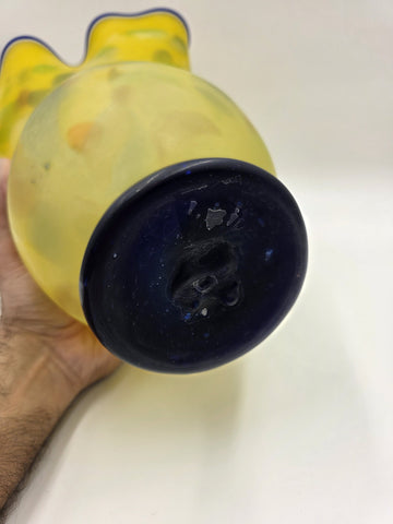 Vtg Azerbaijan Handblown Art Glass Vase Yellow Freeform Cobalt Rim Studio 11.5in