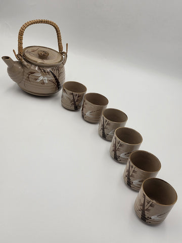 Vintage Japanese Ceramic Tea Set Bamboo Motif Teapot & 6 Cups Stoneware. VG Cond