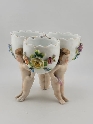 Antique Dresden Germany Porcelain Floral 3 Little Bowls w Figural Cherub Putti.