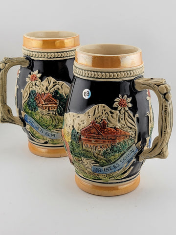 Lot Of 2 Vintage Hand Painted Ceramic West German Beer Stein. Bavaria Scene.