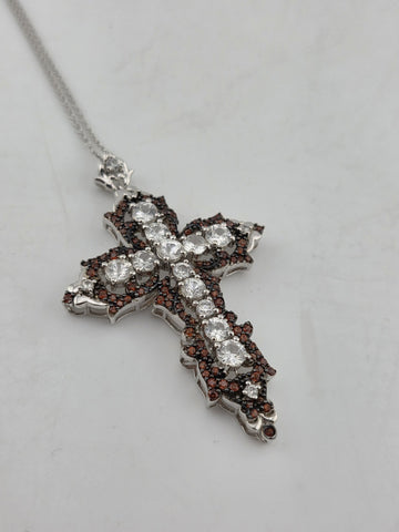 Vintage Sterling Silver 925 Cross Pendant Red Clear CZ Ornate Gothic Necklace