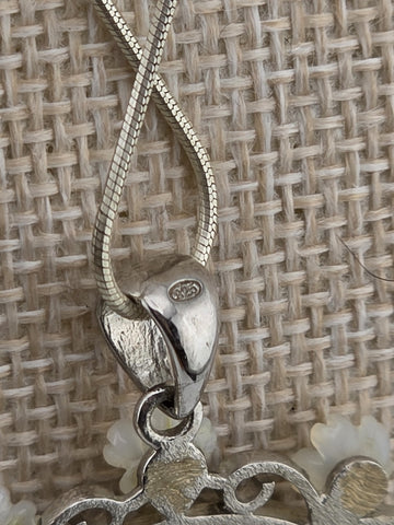 Large Sterling Silver Mother of Pearl Cameo Pendant Necklace Floral Frame 925