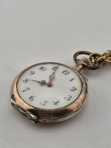 Antique 1890's Swiss Solid 800 Silver Pendant Pocket Watch Enamel Dial. Works.