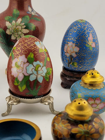 Gorgeous Assortment Of Mid Century  Cloisonne Including Eggs, Vase & Shakers