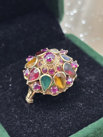 Vintage 14K Gold Multi Gemstone Dome Cluster Ring Garnet Amethyst Citrine Sz 7