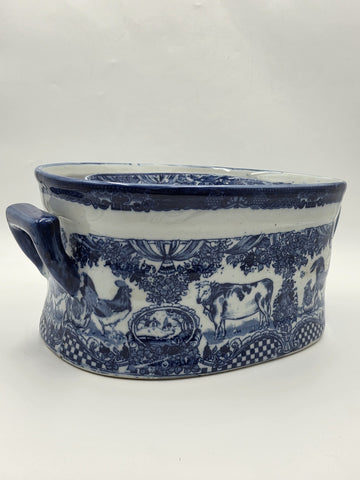 Pair XL Blue White Transferware Cachepot Jardiniere Planters Farm Animal Decor
