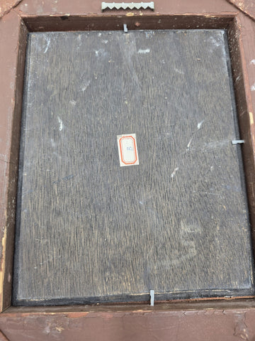 Antique Gilt Baroque Style Wood Framed Bird Painting On Wooden Oval Panel Decor.