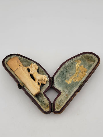 Antique 19th C Dog Theme German Meerschaum Cigarette Holder W Original Case.
