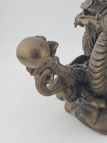 Antique Japan Solid Bronze 8.5" Intricate & Detailed Coiled Dragon w Pearl