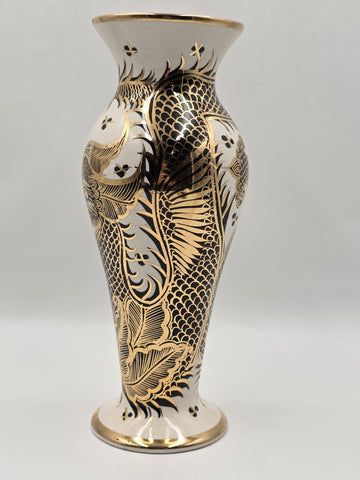 Vintage LOFISA POTTERY VASE 13 1/4" tall Cream w Black & Gold Dragon Theme.