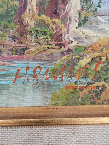 Vintage Mid-century Small Landscape Painting In Gold Wooden Frame. Artist Signed