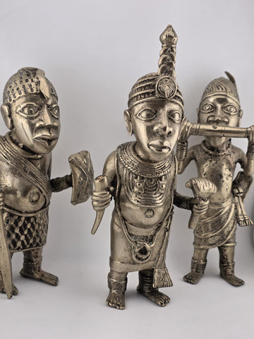 Rare Set Of 3 Monumental 19th C African Benin Oba Warrior Bronze Sculptures