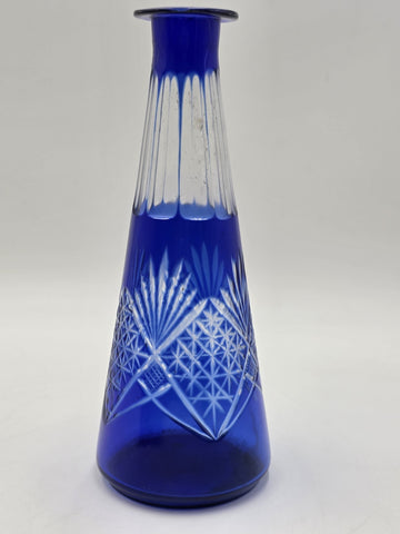 Bohemian Cobalt Cut to Clear Crystal Vase 10” Starburst Fan Pattern Vintage