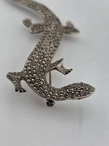 LARGE STERLING SILVER MARCASITE LIFE SIZE LIZARD PIN BROOCH SALAMANDER. 6 Inch.