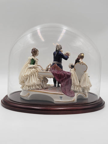 Antique 19th C Victorian Dersden Germany Laced Figurine Music Trio In Glass Dome