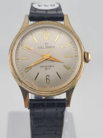 Helbros "Invincible" 34mm Beige Dial Gold Plated Manual Wind Men Watch. Working.