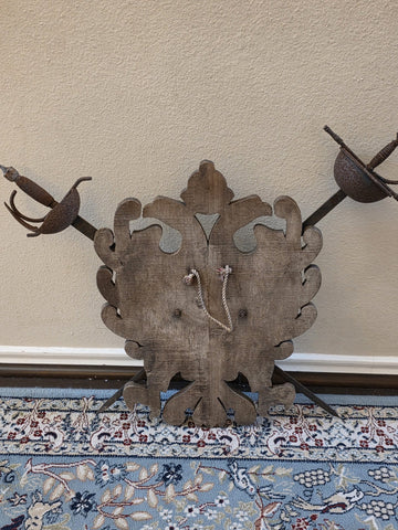 Antique Large Spanish Walnut Wood Carved Family Coat of Arms W 2 Tolido Swords.