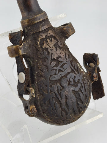 Rare 17-18th Century Heavy Bronze Powder Flask With Original Plug & Ring Hooks