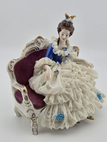 Vintage Sitzendorf Germany Lace Porcelain Lady Figurine Sofa Crown Mark. Read.