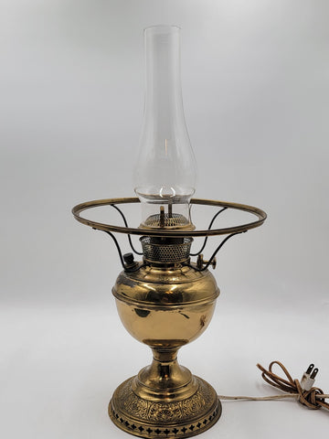 Antique Converted Holmes Booth & Haydens Brass Oil Lamp Ribbed Cased Green Shade