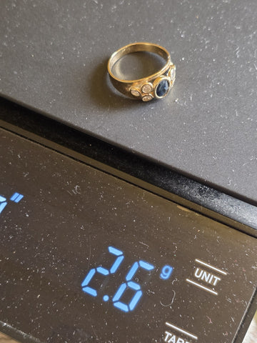 Vintage 14K Gold Italy Black Onyx White CZ Ring Bezel Cluster Band Size 6.5