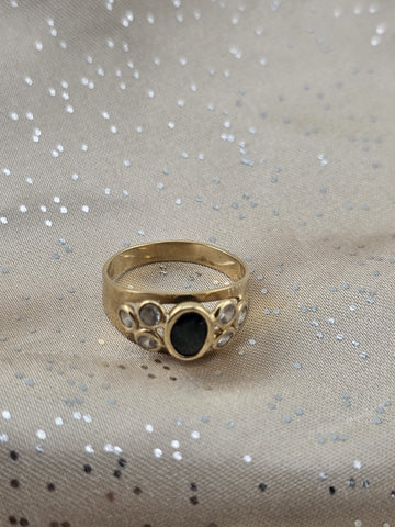 Vintage 14K Gold Italy Black Onyx White CZ Ring Bezel Cluster Band Size 6.5